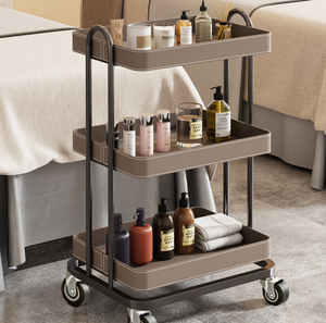 Chariot de Salon à 3 Niveaux avec Plateau Roulant, Chariot de Transport Utilitaire en Cuir et Métal pour Spa, Beauté, Hôtel - Product Image 5