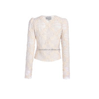 Chemisier court léger et transparent à manches longues pour femme, col rond, ajusté, brodé de dentelle florale, style vintage, simple boutonnage, épaules rembourrées