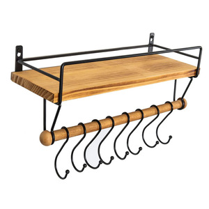 Solución de almacenamiento para baño y cocina, estante flotante de madera rústica con 8 ganchos, toallero extraíble montado en la pared, popular y asequible - Product Image 4