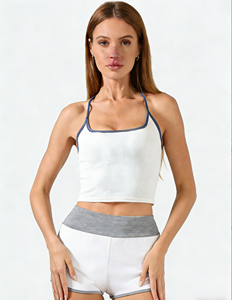 Conjunto de 3 piezas: Top corto acanalado con cuello halter + Pantalones cortos de poliéster de cintura alta (Negro/Blanco/Naranja) para entrenamiento y uso casual - Product Image 2