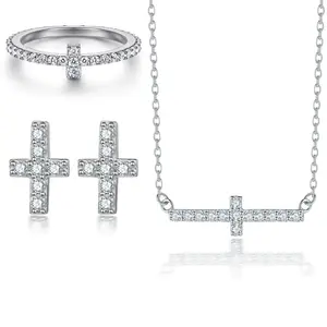 Cross Earrings Necklace Ring Earrings Set For Bride Bridesmaids Bridal Wedding Party Prom Full Cubic Zircon Silver Jewellery