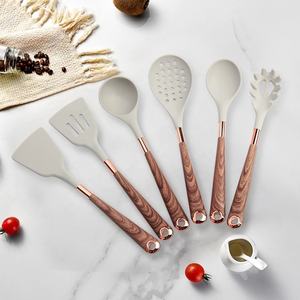 7 Pieces Cooking <b>Tool</b> Set Wood Grain Handle <b>Silicone</b> Kitchen Utensil Set with Rose Gold Storage Rack - Product Image 4