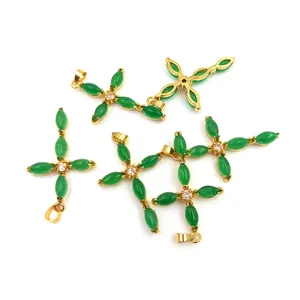 Trendy Jewellery natural green quartz pendant cross shape jade pendant gold claw zirconium pave women charm necklace making diy