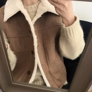<b>Women's</b> <b>Brown</b> Sleeveless Suede <b>Vest</b> With Pocket Warm Short Woolen Outerwear Autumn Winter Loose Fit Coat - Product Image 2