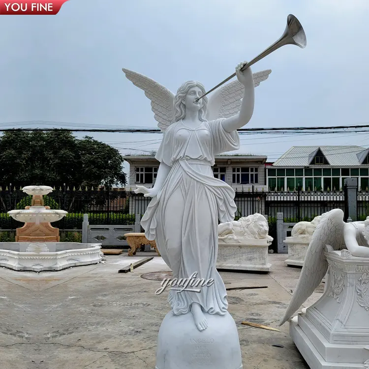 Escultura con trompeta de tamaño Natural, jardín blanco, mármol, alas de Ángel, estatua