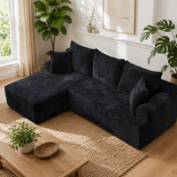 Canapé modulaire de luxe compressé en velours côtelé noir en forme de L avec chaise longue pour salon
