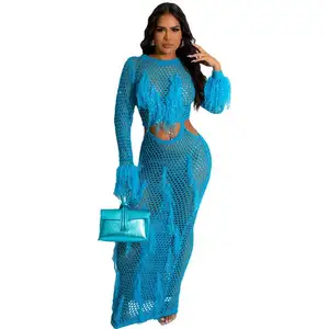 2024 Women Sequin Dress Tassel Full Sleeve Cut Out Party Night Clubwear Hollow Out Beachwear Crochet Cover Ups