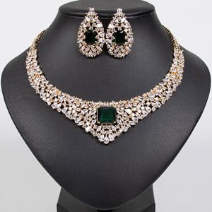 Exquisito Juego de Joyería de Collar y Aretes Adornados con Circonita Cúbica Esmeralda para Novia, Elegantes Accesorios para Fiesta de Bodas - Product Image 1