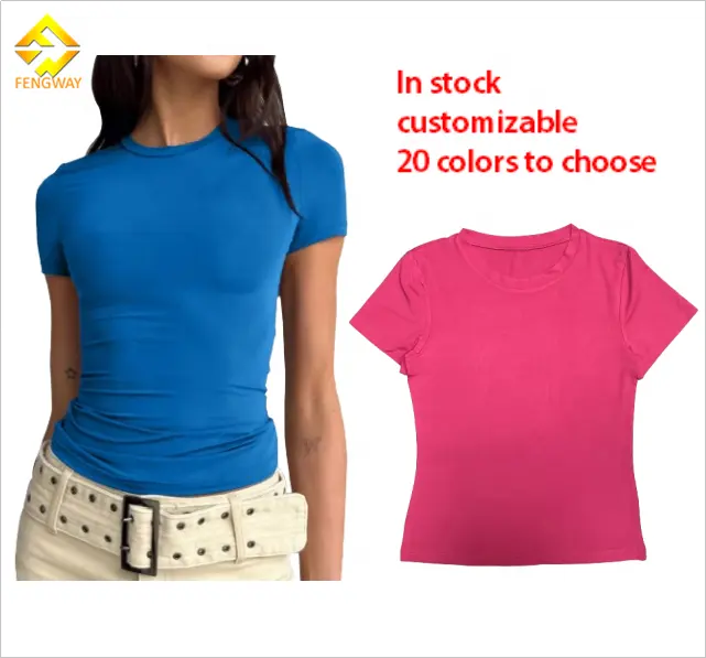 XS kaus wanita polos kustom grosir Kaos Oblong leher-o pas badan atasan Kaos Oblong kustom reguler untuk wanita