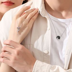 S925 Sterling Silver <b>Couple</b> <b>Necklace</b> Boy and Roses Flower Pendant Clavicle Chain <b>Necklace</b> Jewelry for Valentine's Day - Product Image 3