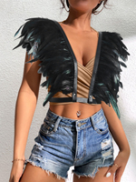 Ensemble de costumes de spectacle de festival, cape d'épaule en plumes noires, jupe à franges brodée pour les spectacles de danse tribale de carnaval, unisexe