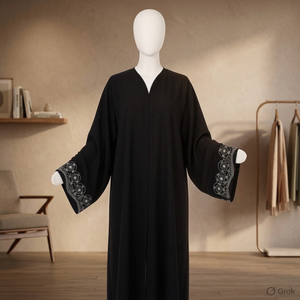 Abaya en Chiffon Noir de Luxe avec Broderie Florale sur les Poignets - Product Image 3