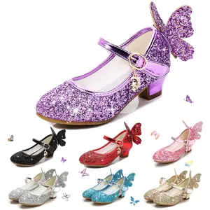 美少女紫色粉色红色金色蝴蝶婚礼日用鞋儿童亮片水晶生日派对公主鞋