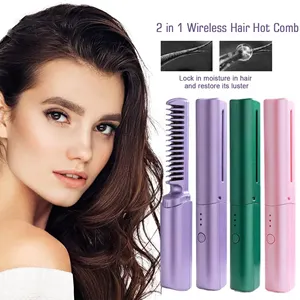 Lisseur à cheveux sans fil, brosse chauffante, peigne chauffant, rechargeable par USB, outils de coiffure portables en céramique