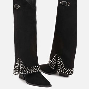 Women Metal Studs <b>Knee</b> <b>High</b> Boots Cowboy Overlay Long Booties Ladies Western Style Chunky Wedge Heels Suede Pants Shoes - Product Image 5