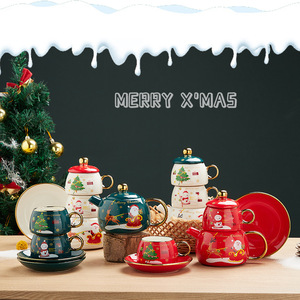 Service à thé en céramique de Noël avec bordure dorée de luxe, ensemble de service à thé empilable multicolore, vaisselle de table personnalisée pour les fêtes - Product Image 1