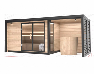 <span class=keywords><strong>Sauna</strong></span> finlandais moderne en pin avec poêle à bois externe pour 5-6 personnes, en épicéa massif, fonction vapeur sèche - Product Image 2