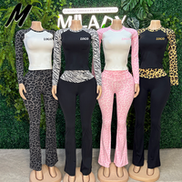Ensemble 2 pièces pour femme Milady en nylon imprimé léopard, haut à manches longues et leggings taille haute, taille élastique, tenue de sport