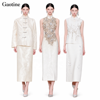 Ensemble deux pièces pour femmes, style chinois, satin ivoire brodé, col mandarin, sur mesure OEM ODM, vêtements de soirée pour femmes, vente en gros