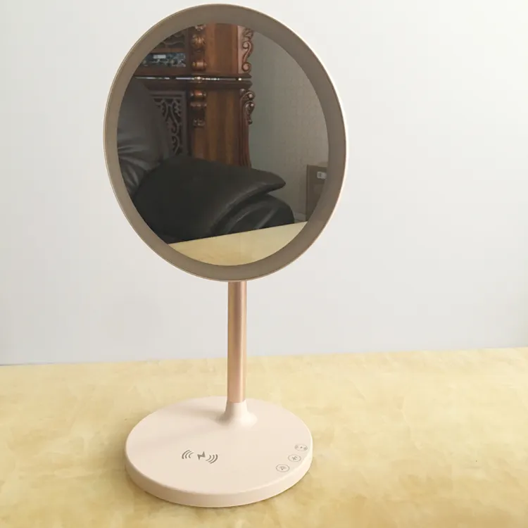 Оптовая продажа, 8 дюймовое перезаряжаемая настольная вращающийся вверх и вниз зеркало для макияжа бамбуковый вращающийся круглое зеркало