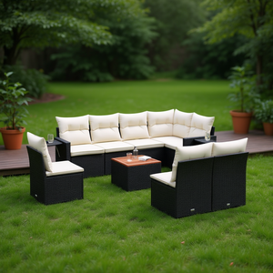 Ensemble de salon de jardin en rotin blanc crème et noir avec coussins, 6 places, mobilier d'extérieur, design contemporain - Product Image 2
