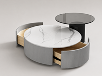 Table basse en marbre écologique et durable, avec cadre en bois courbé, surdimensionnée, finition personnalisée, salon, arrondie, crème beige