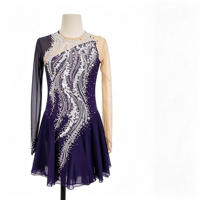 Robe de patinage artistique en strass violet foncé, maille, une manche longue, dos lacé, pour compétition et performance adulte et enfant