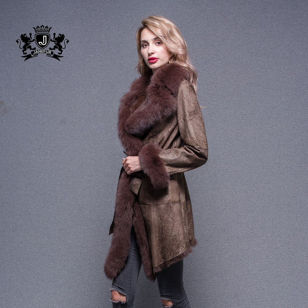 Nova Moda 100% Double Face Coelho Casaco De Couro Com Fox Fur