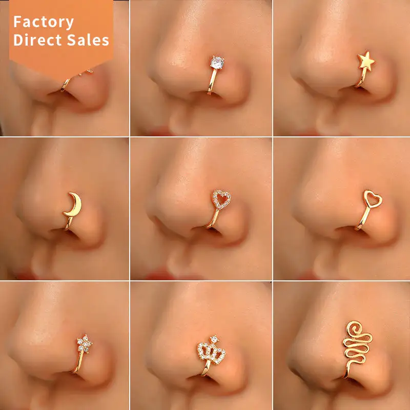 Fashion Heart Star Zircon Faux Piercing Jewelry Nose Cuffs Clip On Hinged Gold Nose Rings for Women