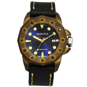 Funda de acero inoxidable personalizada para hombre, correa de cuero, cristal de zafiro, reloj mecánico automático de bronce