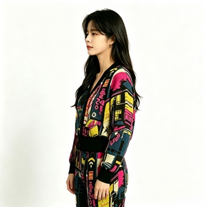 Unisex BCI Cotton Sweater Graffiti Jacquard V Neck Button <b>Cardigan</b> Casual Streetwear - Product Image 6