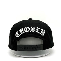Casquette de baseball snapback noire streetwear à 5 panneaux avec broderie latérale de logo CG gothique et verset biblique, personnalisable OEM/ODM