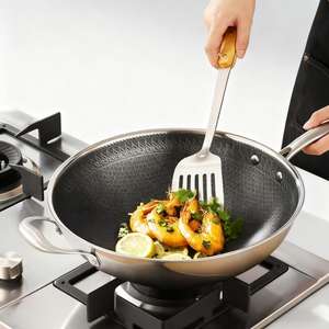 Wok antiadherente de acero inoxidable, WOK de panal de estilo chino con tapa de vidrio para cocina de inducción de Gas - Product Image 1