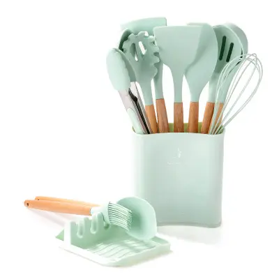 New Style 12-piece Multi-color Cooking Tools Silicone Spoon Spatula Clip Kitchenware Set With Square Storage Bucket
