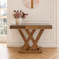 Console d'entrée moderne avec plateau en bois de chêne, incrustation de diamants brisés, verre miroir brun, hauteur réglable - OE HOME Glam Decor