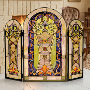 Stained Glass Fireplace <b>Screen</b> 3 <b>Panels</b> Floral Design Traditional <b>Decor</b> Rectangle Shape Artistic <b>Decoration</b> 110*70CM - Product Image 1