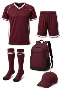 Red Black Soccer Jersey Kit Men's V-Neck Short Sleeve Uniform with Shorts <b>Socks</b> Cap Backpack <b>Polyester</b> Adult Size - Product Image 5