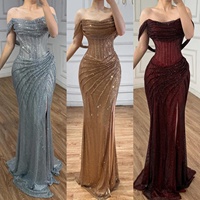 Robes de soirée scintillantes dorées Serene Hill LA73410 2026, style sirène, épaules dénudées, corset, robes de soirée formelles avec fente haute