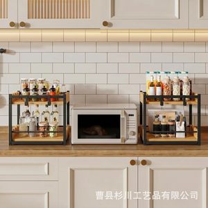 Estante para especias de hierro y madera de 2 niveles, almacenamiento multiusos para organizar la cocina, el baño y el escritorio. - Product Image 4