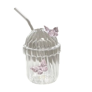 Copo De Vidro De Borboleta Bonito Com Tampa E Palha Borboleta Vertical Claro Copo De Bebidas De Vidro CupSuco Copo - Product Image 1