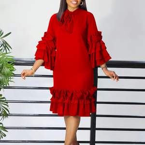 <span class=keywords><strong>Robe</strong></span> élégante à col noué pour <span class=keywords><strong>femme</strong></span>, collection Printemps 2026, manches 3/4 à volants, motif uni, longueur genou, coupe ample, idéale pour le bureau et les occasions formelles - Product Image 1