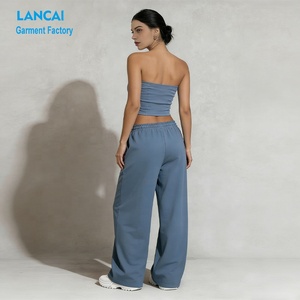 Produttore di Abbigliamento Lancai, Set <span class=keywords><strong>Tuta</strong></span> Personalizzato 100% Cotone con Top a Fascia e <span class=keywords><strong>Pantaloni</strong></span> <span class=keywords><strong>Larghi</strong></span> per <span class=keywords><strong>Donna</strong></span> - Product Image 3