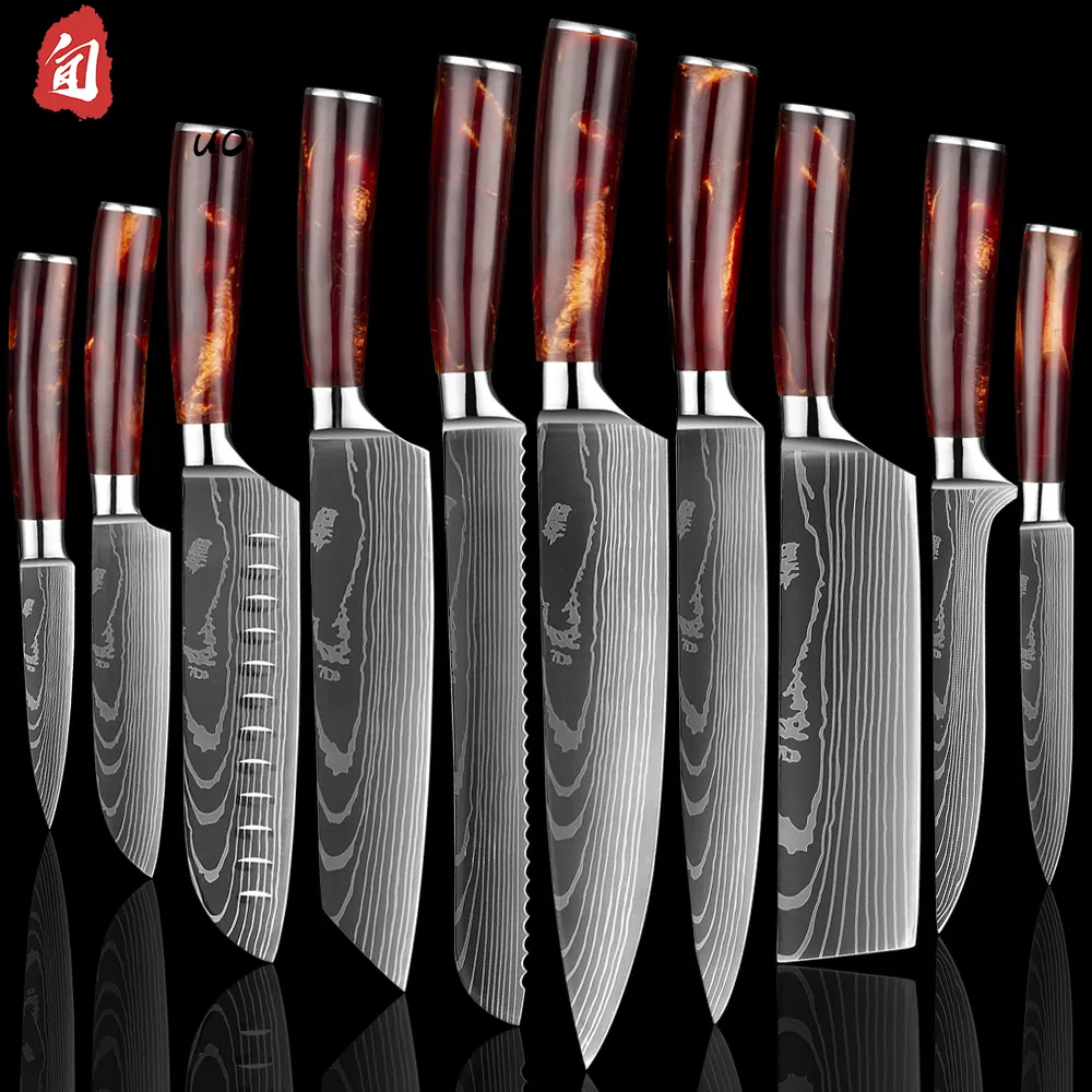 Custom 10 Stuks Sharp Houten Duitse Roestvrij Staal Japanse 67 Layer Damascus Steak Santok Chef Moderne Messen Keukenmes Set