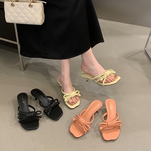 Bow Knot <b>Kitten</b> <b>Heel</b> <b>Mules</b> for Women Elegant Square Toe On Heeled Sandals Comfortable Summer Dress Shoes Slippers - Product Image 5