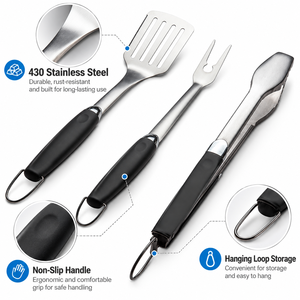 Ensemble d'outils de barbecue en acier inoxydable 3 pièces, pinces longues en plastique, spatule, fourchette, résistant à la chaleur, accessoires de barbecue au charbon de bois pour l'extérieur - Product Image 2