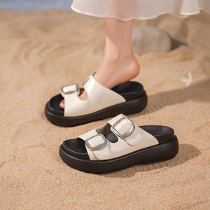 Sandalias de Moda con Diseño Nuevo, Estilo Slip-On, Parte Superior de Cuero Genuino, Suelas Gruesas Impermeables, Doble Hebilla, Cómodas para Mujer - Product Image 6