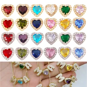 Cuentas de Corazón con Piedras de Nacimiento, Granate, <span class=keywords><strong>Aqua</strong></span>, Lila, Verde Oliva, Púrpura, Componentes de Pulseras de Latón con Baño de Oro de 18K, Accesorios y Suministros S77 - Product Image 2