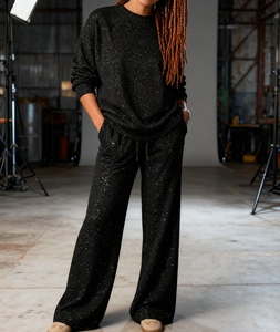Ensemble décontracté 2 pièces pour femmes, haut à manches longues à col rond et pantalon à paillettes, tendance - Product Image 2
