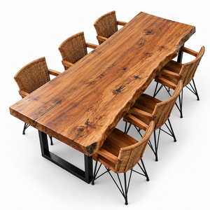 Juego de Mesa de Comedor de Madera Rústica con Borde Natural, Sillas de Ratán Tejido y Patas de Metal Dorado para Comedores Modernos - Product Image 4