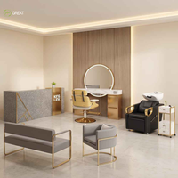 Ensemble de mobilier de salon de coiffure en gros : Fauteuil de réception, Fauteuil de coiffage, Fauteuil de lavage, Équipement de salon de coiffure avec cadre doré, OEM